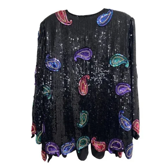 Vintage Scala Sequin Silk Jacket Paisley Beaded Black Purple Pink Blazer Size 2X - Picture 2 of 10